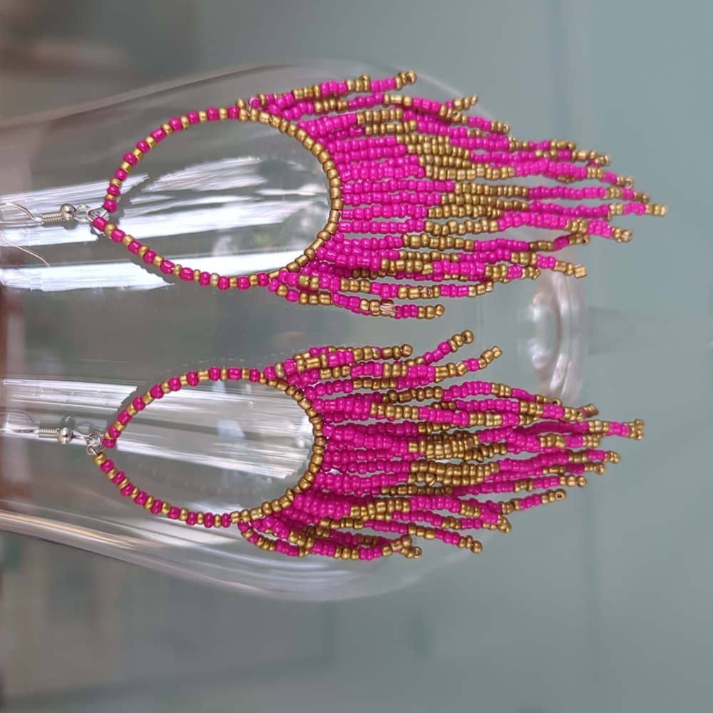 Boho Beaded Tribal Pink Gold Drop Dangle Native American Long Pierced Earrings